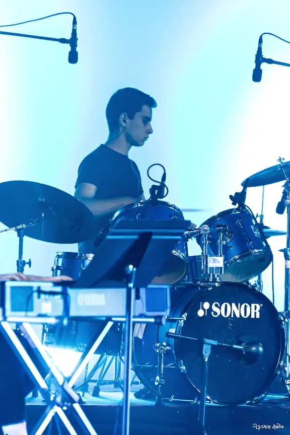 Playing drums at a concert in 2019